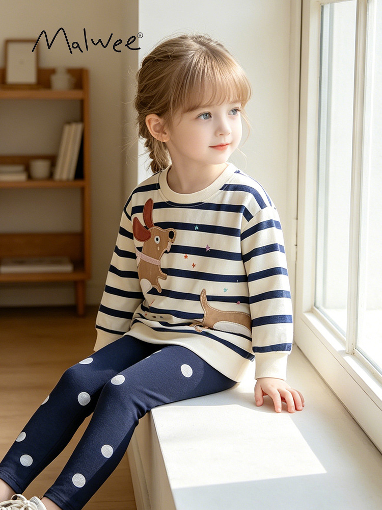 Malwee niñas trajes de otoño europeos y estadounidenses niños pequeños y medianos cuello redondo casual mangas largas pantalones de cintura elástica para niños dos piezas