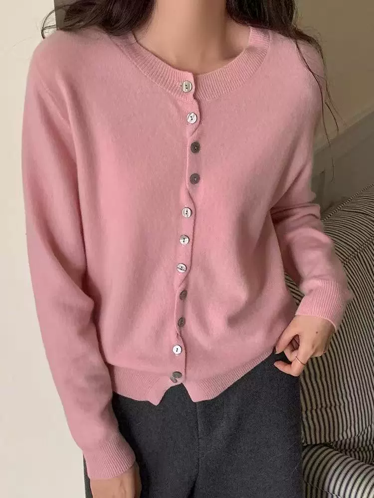 Демисезонный шерстяной кардиган с круглым воротником, базовый свитер, тренд сезона, корейский стиль