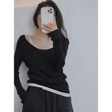 法式温柔假两件针织衫女春秋设计感小众宽松外穿甜辣风打底衫上衣