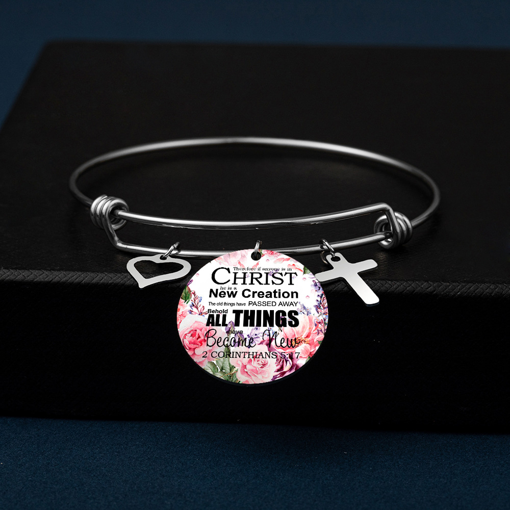 Retro Cross Round Letter Stainless Steel Bangle