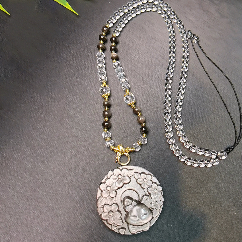 Natural Silver Obsidian Nine-tailed Fox Necklace For Men_voghion.com