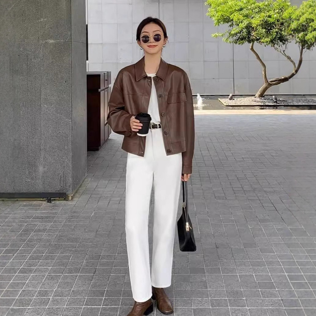Women's Clothing Black Short PU Leather Jacket Korean Style Fashion Retro Brown Top For Autumn_voghion.com