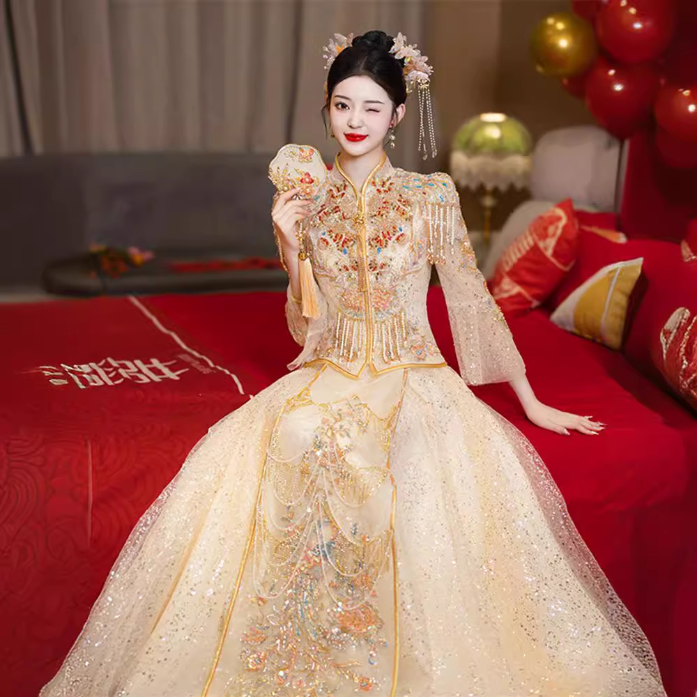 Champagne Golden Show Hefu Large Size Bridal Toast Dress Chinese Wedding  Dress | eBay