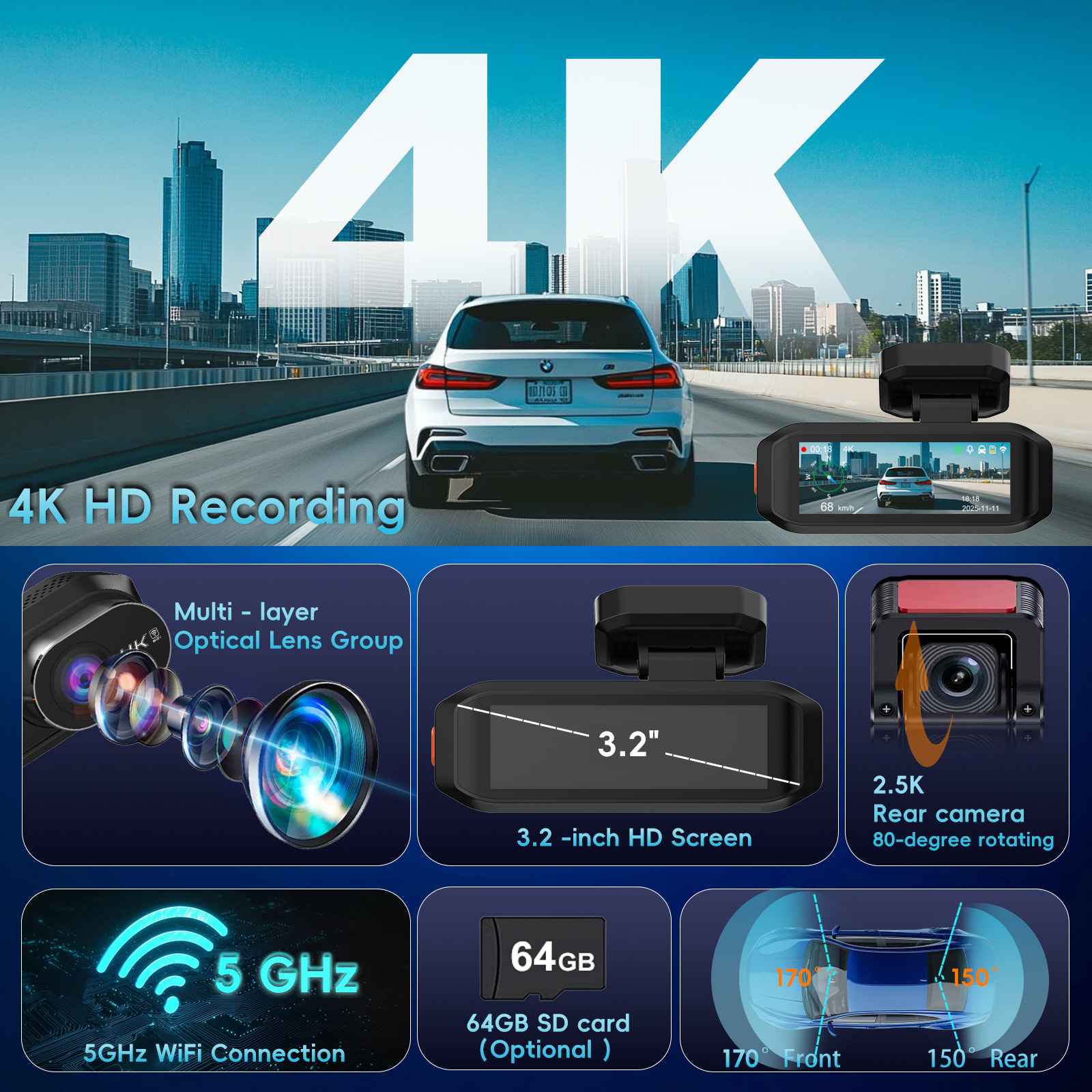 4K+Adas Dual Recording Front and Rear, High-Definition Night Vision, Supports Time-Lapse Recording, Gps Track Tracking, Driving Recorder