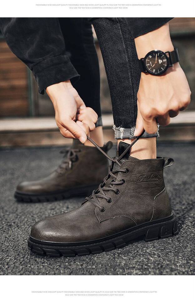 Giày bốt Martin nam cổ lửng kiểu mới, bốt da công sở phong cách Anh, đế dày, dây buộc phía trước — HC897 màu nâu, HC897 màu đen chi tiết 11