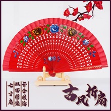 双面西班牙咏春团体舞蹈扇子走秀跳舞女扇大红木质礼品折扇纯手绘