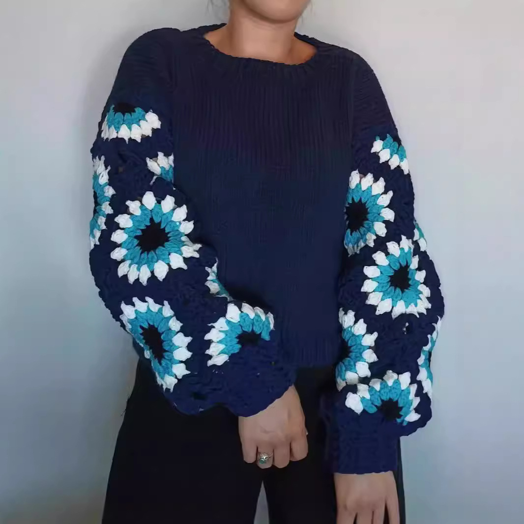 2024亚马逊欧美跨境外贸针织保暖开衫上衣时尚撞色织花设计毛衣女