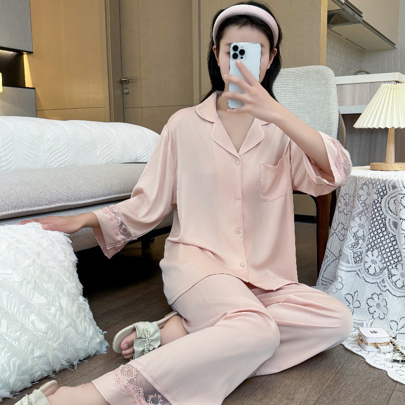 잠옷 여성의 봄과 가을 여름 얇은 얼음 실크 아세트산 긴 소매 겉옷 하이 엔드 2025 새로운 스타일 홈 의류 세트