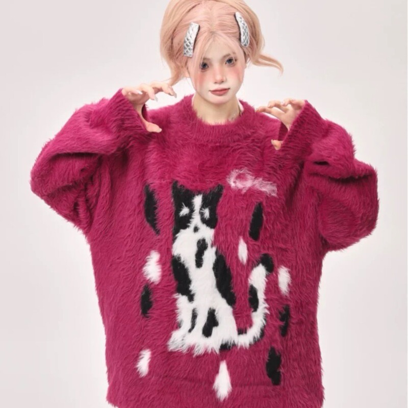 美式复古猫咪提花毛衣女春秋季跨境潮牌宽松休闲慵懒风套头针织衫|undefined