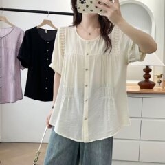 100kg ファットシスター夏の新デザインプリーツウエスト半袖シャツプラスサイズの女性のライトトップ 7573