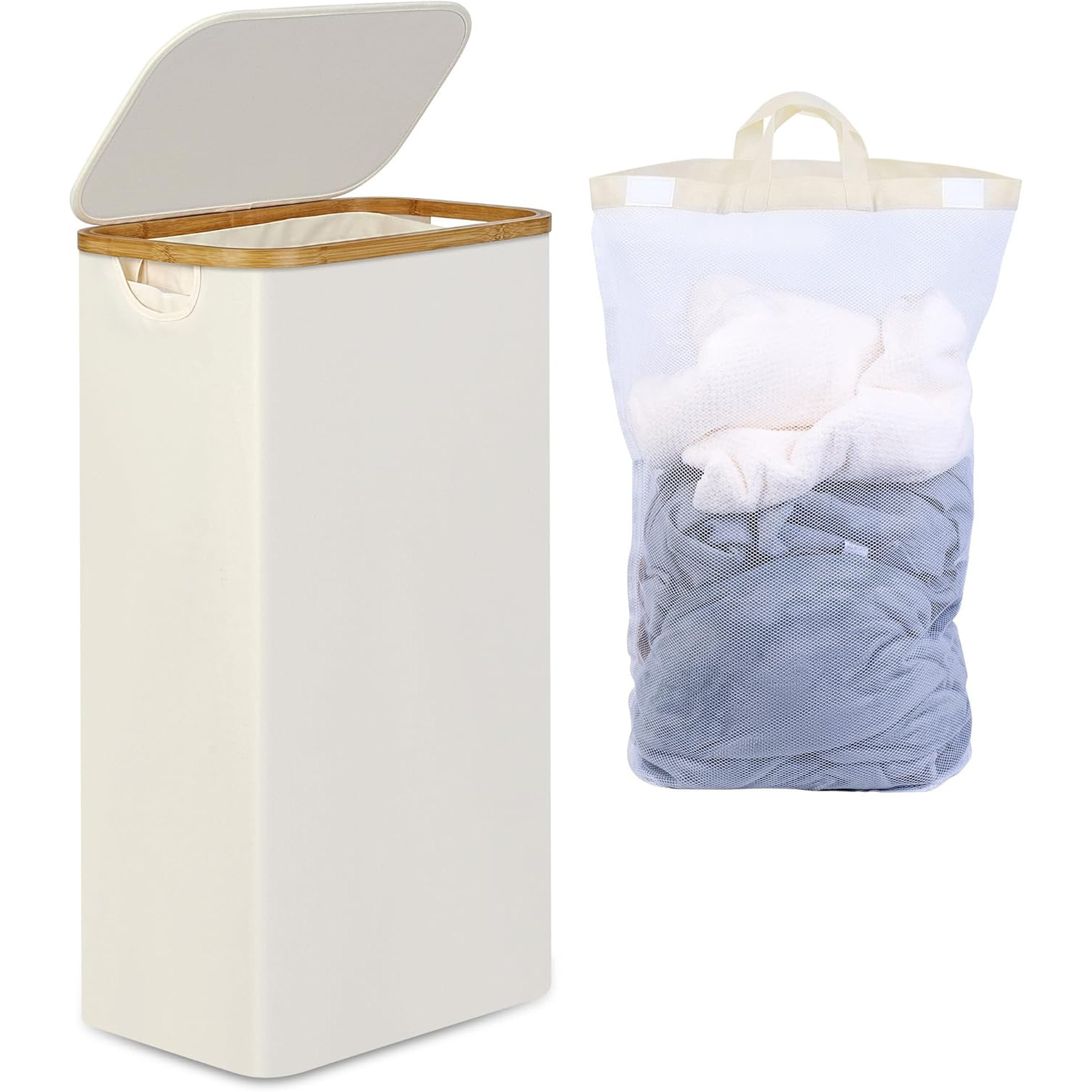 Fabric Laundry Basket with Lid, Foldable, Assembled and Disassembled Laundry Basket with Lid, Bamboo Frame, Dirty Clothes Basket with Tote Bag