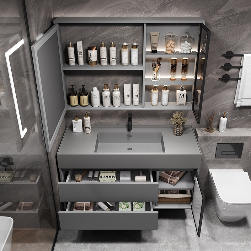 ♔ Light Luxury Rock Integrated Basin Bathroom Cabinet Washbasin Sink Cabinet Set Modern Minimalist Bathroom Vanity