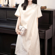 高端手工钉珠绣花 真丝羊毛礼服连衣裙 短袖白色裙子2025女装夏季