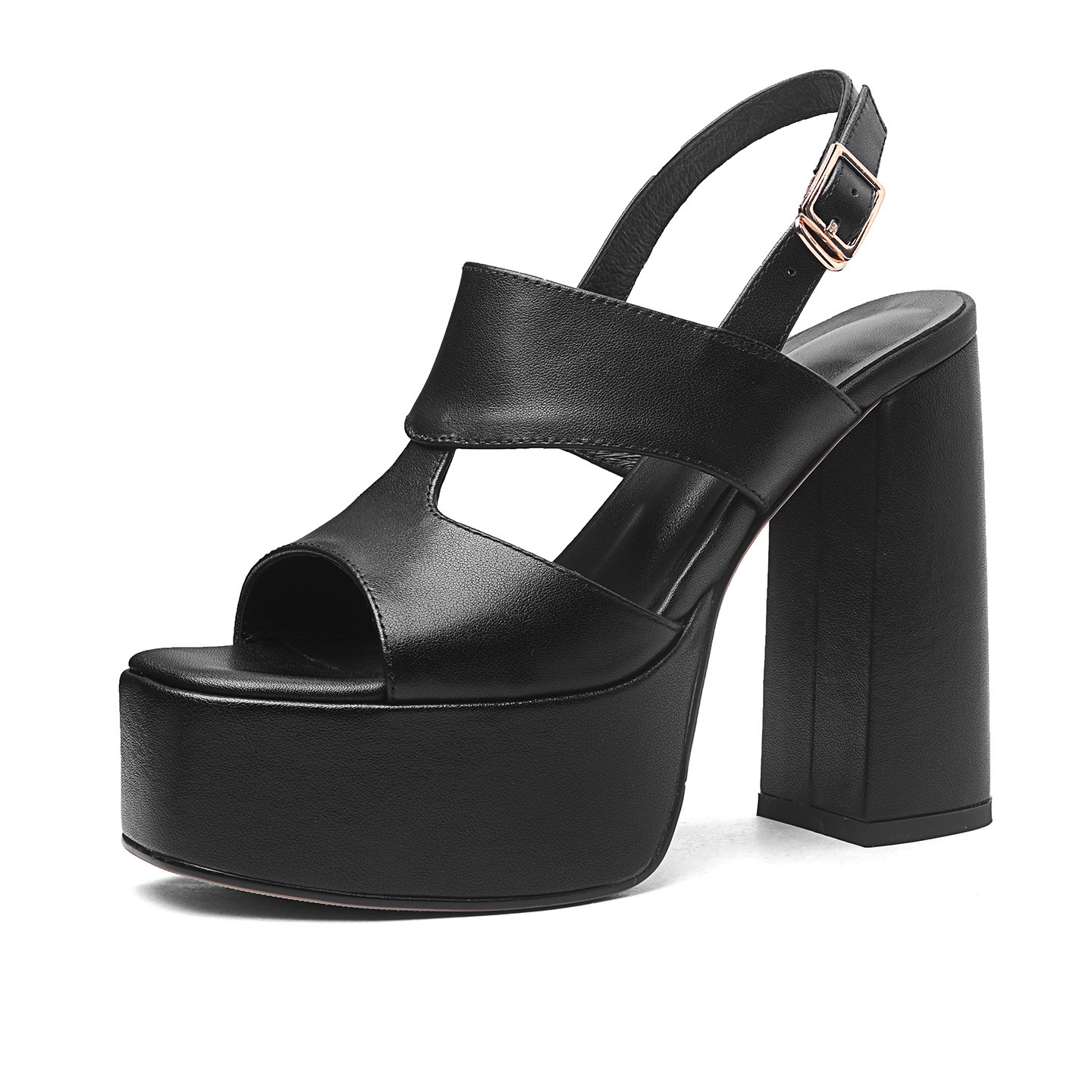 Sandal cao gót nữ hở mũi quai ngang khóa gót 12 cm — Da bò trắng gạo