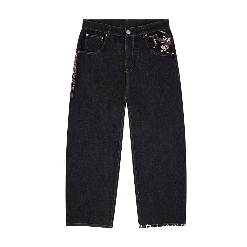 derschutze European and American retro cherry blossom jeans embroidered straight pants for men and women, unique street fashion brand, wholesale