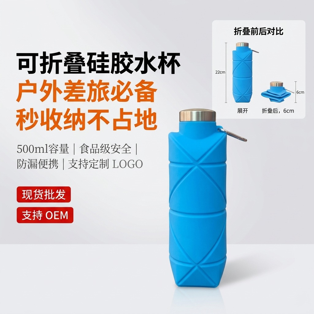 Cross-border outdoor travel sports multifunctional silicone folding water cup, retractable portable cup for hiking and cycling