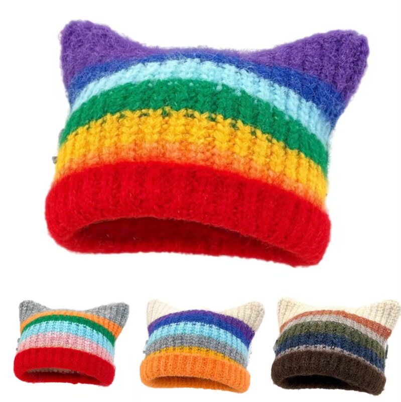 2026 New Rainbow Striped Cat Ear Knit Hat for Women, Autumn and Winter Thickened Warm Ear-Protecting Wool Hat Dopamine