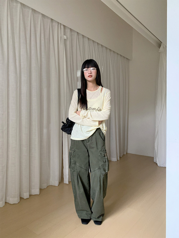 誉一新款2025秋季ins假两件设计感背心t恤字母斜肩长袖上衣女c199|undefined