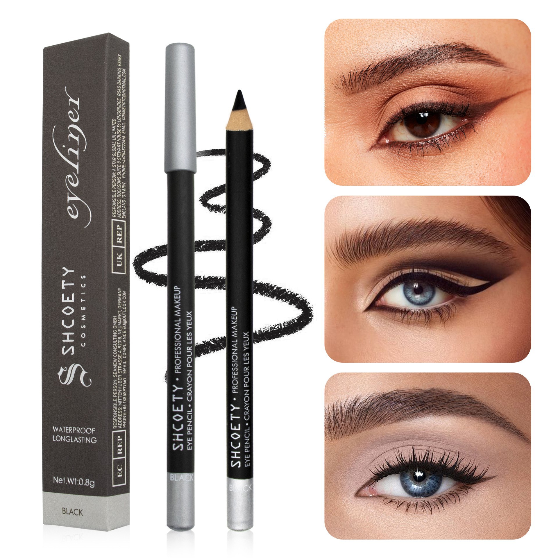 Shcoety Wooden Eyeliner Pen Waterproof Non-Smudge Long-Lasting Non-Fading Eyebrow Pencil Dual-Use Makeup Pen European and American Style