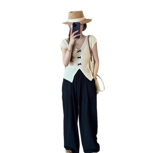 Korean V-neck bow flying sleeves knitted T-shirt women's summer slim fit niche design chic top