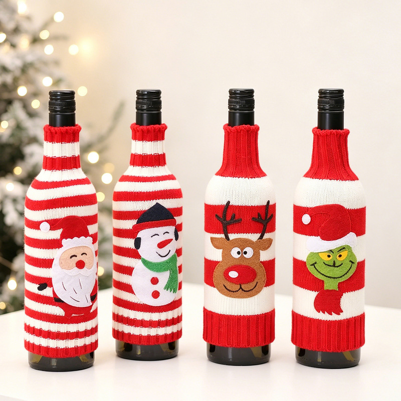 Mingguan New Product Christmas Decoration Striped Knitted Red Wine Bottle Cover Grinch Elk Wine Bottle Bag Table Decoration