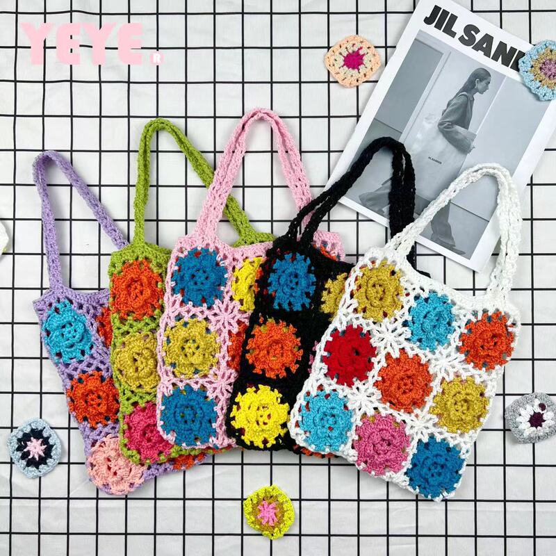 Cross-border handmade flower bag irregular color non-positioning National style crochet handbag shoulder bag women's bag