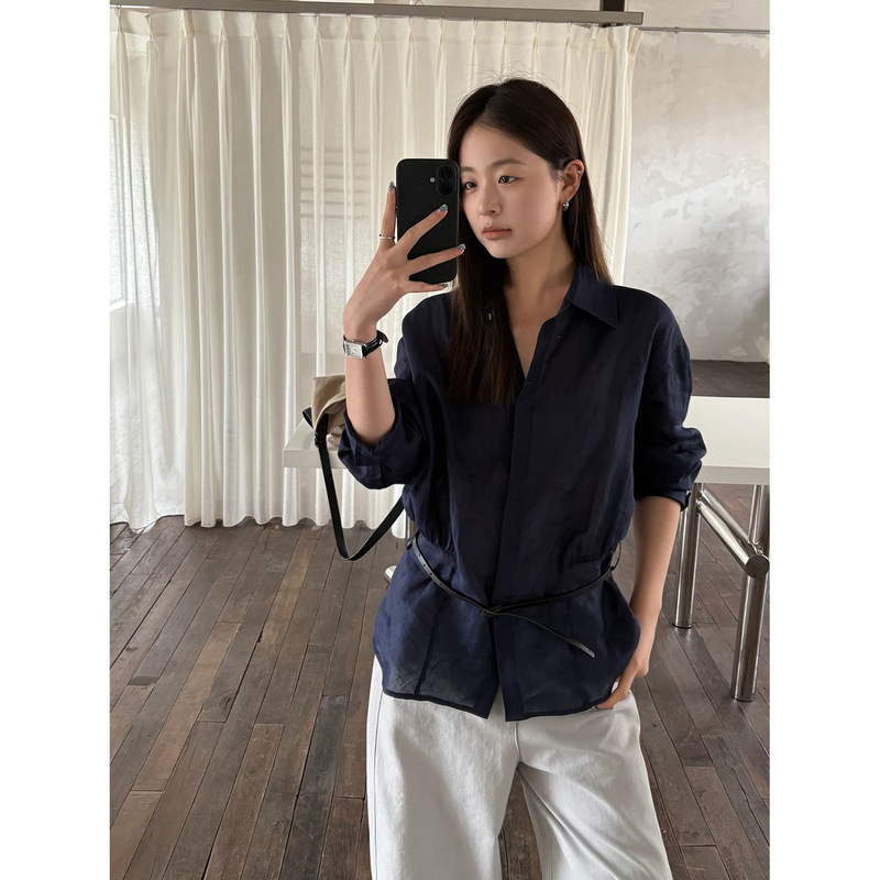 Tg Korean Chic Commuter Style Ramie Breathable Leather Waistband Slimming Shirt for Women 2026 Spring Model 26574