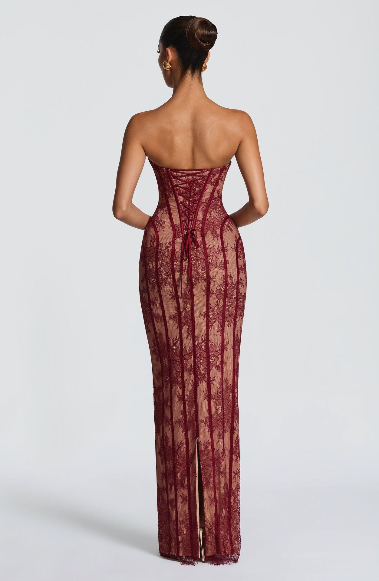 Elegant Lace Long Bodycon Dress For Evening Parties - Stunning High-Waisted Corset Design With Sheer Mesh & Floral Embroidery​_ecoleips.com
