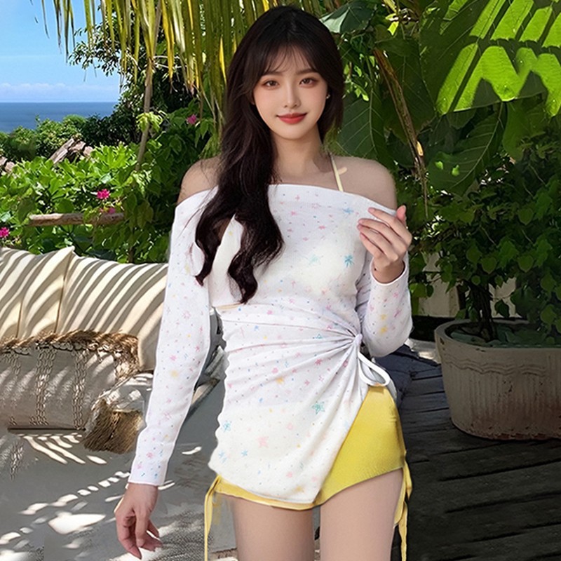 2025 nuevo traje de baño para mujer blusa dividida traje de tres piezas de manga larga protector solar puro viento de aguas termales traje de baño de vacaciones al por mayor