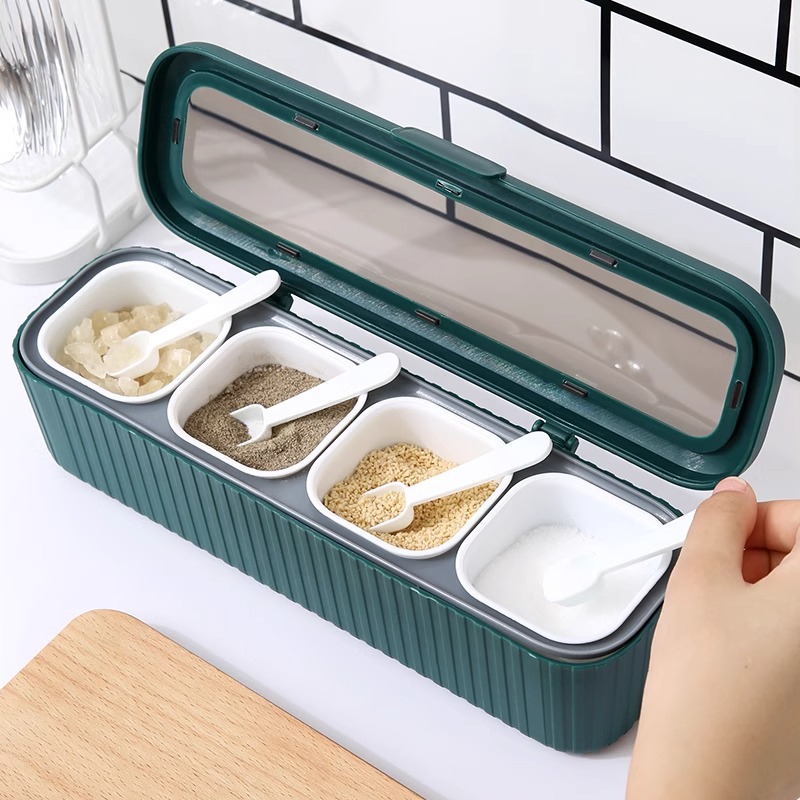 Caja de condimentos de cocina doméstica integrada caja de condimentos multi-cámara lata de condimentos caja de sal MSG caja de almacenamiento lata de sal a prueba de humedad