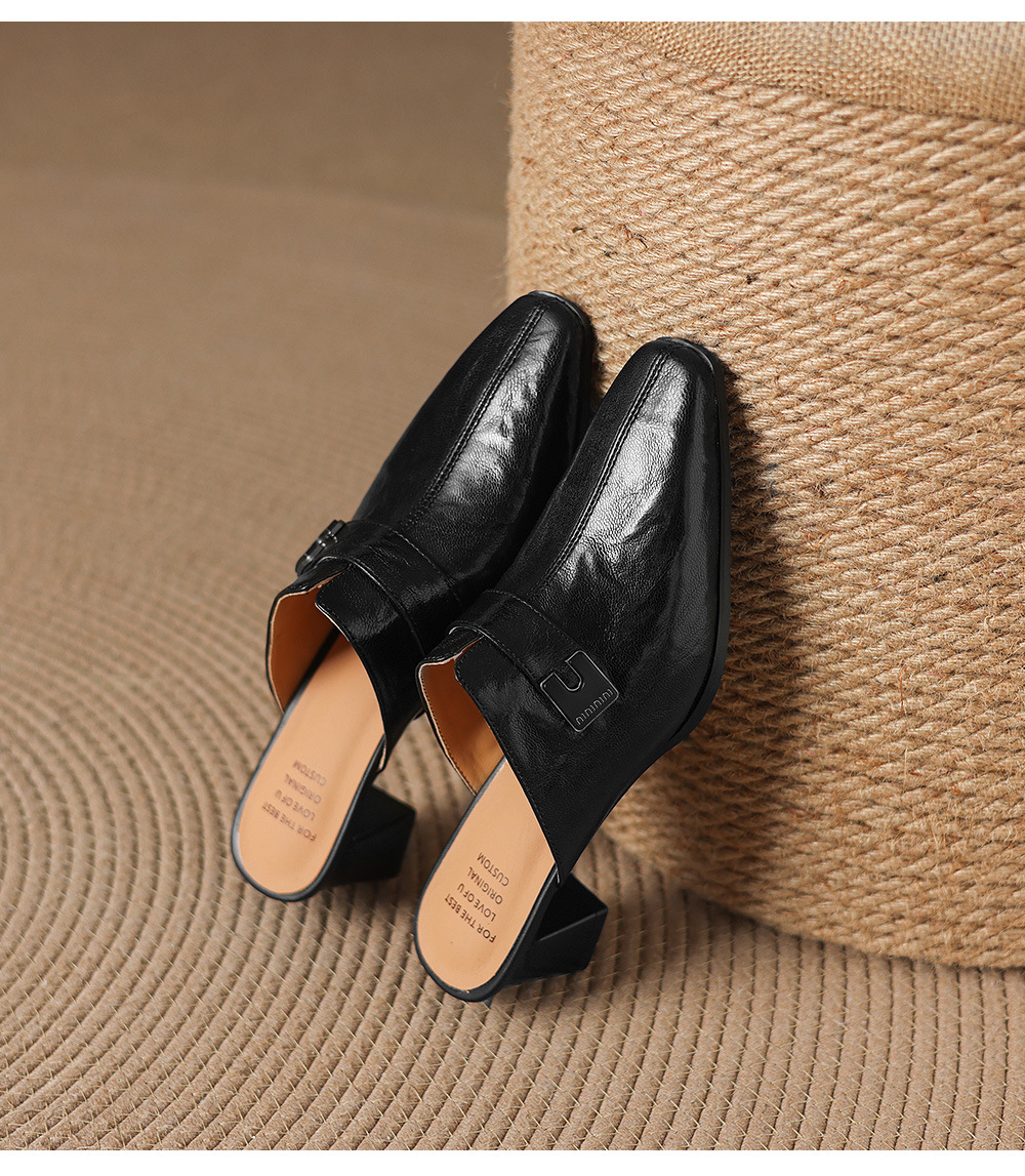 Dép sandal cao gót nữ mũi nhọn quai ngang da dê gót thô 5 cm — đen chi tiết 22