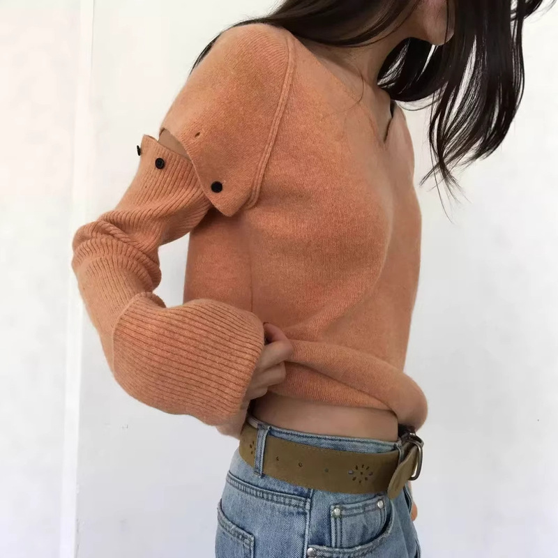 Breathable Detachable Sleeve V-Neck Sweater Korean Dongdaemun Women's High-End Orange Color-Enhancing Korean-Style Knitwear Breathable Detachable Sleeve V-Neck Sweater Korean Dongdaemun Women's High-End Orange Color-Enhancing Korean-Style Knitwear