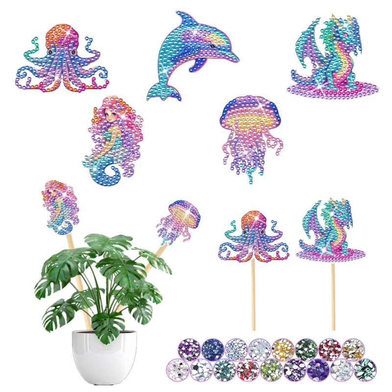 Estacas decorativas para macetas con diseño de flores para decoración de plantas en el hogar y escritorio, fabricante de estacas de jardín hechas a mano con pegatinas de diamantes DIY.