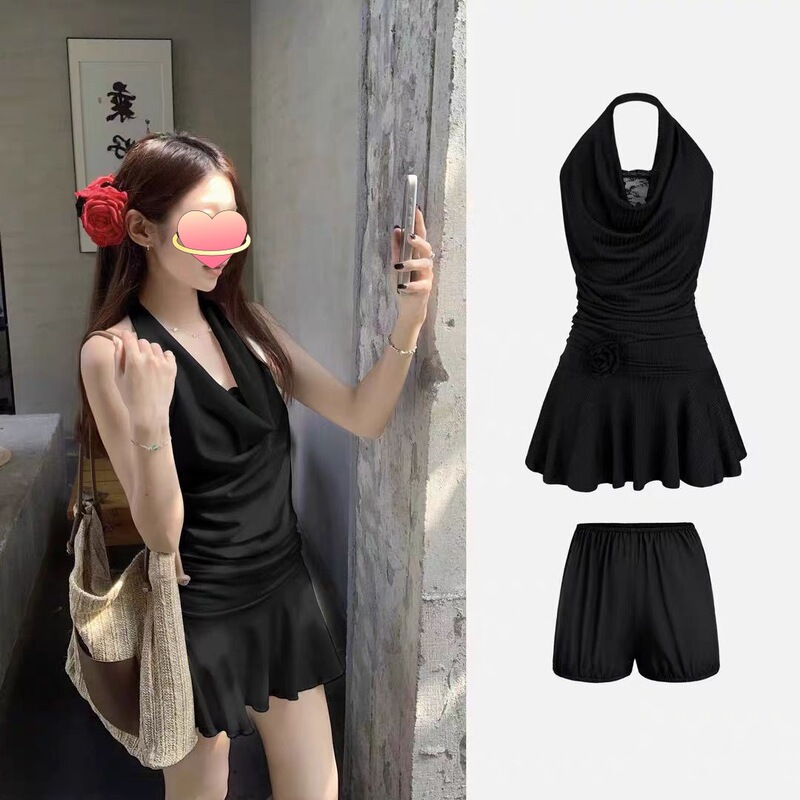 [Original Style + Safety Pants] Summer Sweet Sexy Lace Splicing Design Halter Dress with Feminine Short Style