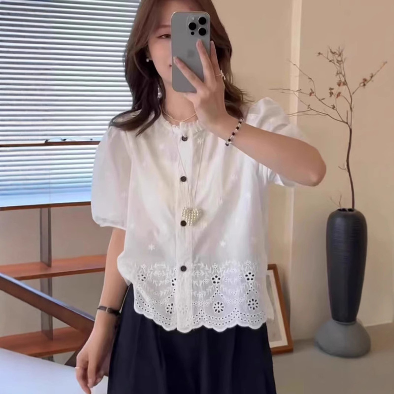 Lace Cut Out Short-Sleeved Shirt for Women 2025 Summer New Age-Reducing Slimming Look Short-Sleeved Embroidered Super Nice Top