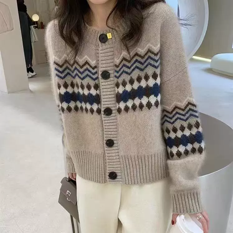 费尔岛100%羊毛开衫女秋冬款复古拼色圆领针织衫毛衣外搭开衫外套