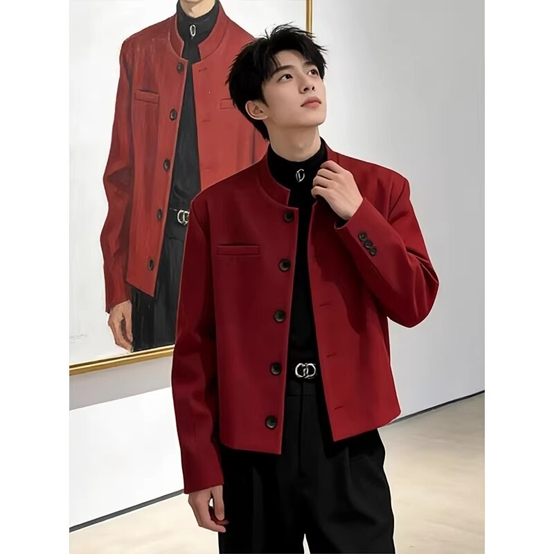 New Chinese-style shoulder-padded short blazer for men, spring casual and stylish engagement suit, slim-fit stand-up collar jacket New Chinese-style shoulder-padded short blazer for men, spring casual and stylish engagement suit, slim-fit stand-up collar jacket