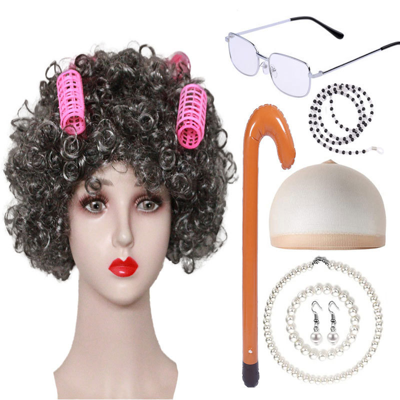 Peluca de la abuela de Halloween COS anciana cabello rizado corto de mediana edad y anciano abuelo bosquejo rendimiento peluca traje