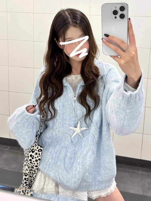 蓝色麻花翻领毛衣女2025新款奶fufu慵懒风韩系秋冬季穿搭针织上衣|undefined