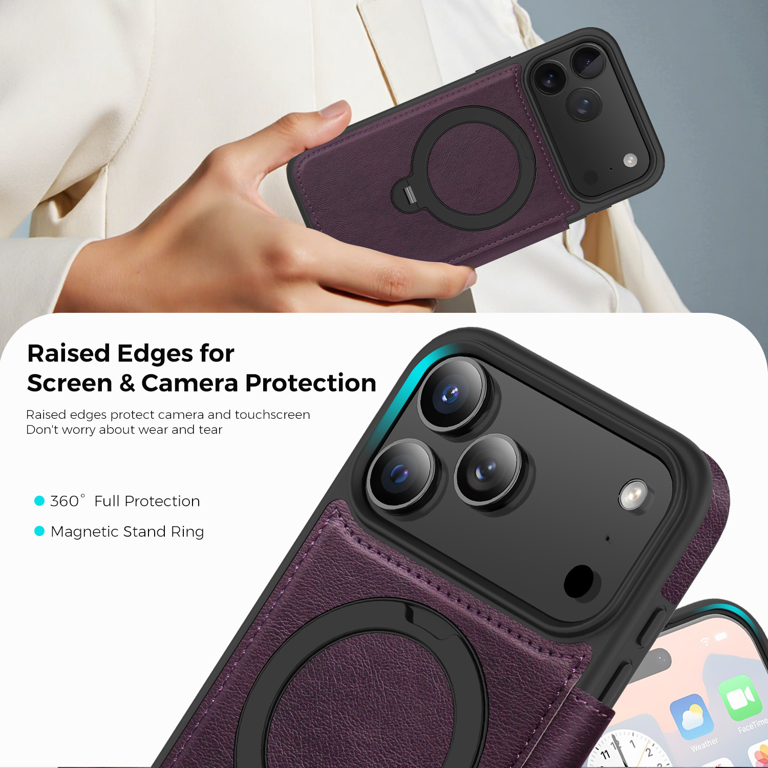 Ốp lưng da lật iPhone 16 Pro Max xoay 360 độ tích hợp giá đỡ từ tính — màu đen, màu xanh hoàng gia, Màu nâu, xám chi tiết 40