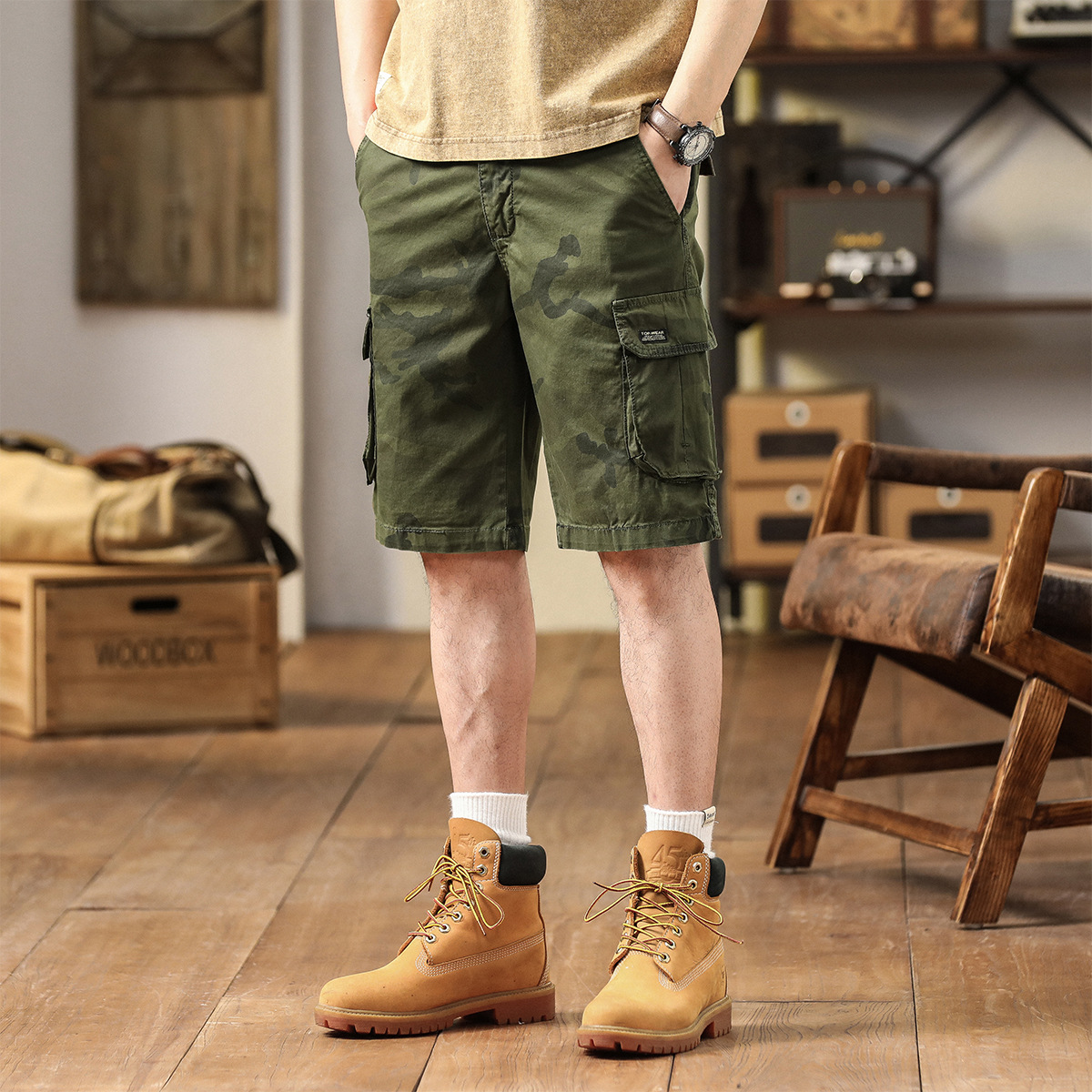 2024 Summer Thin Casual Shorts Straight Multi-Pocket Crane Pants Five-point Pants Camouflage Men's Pants Slim-fit Trendy Brand