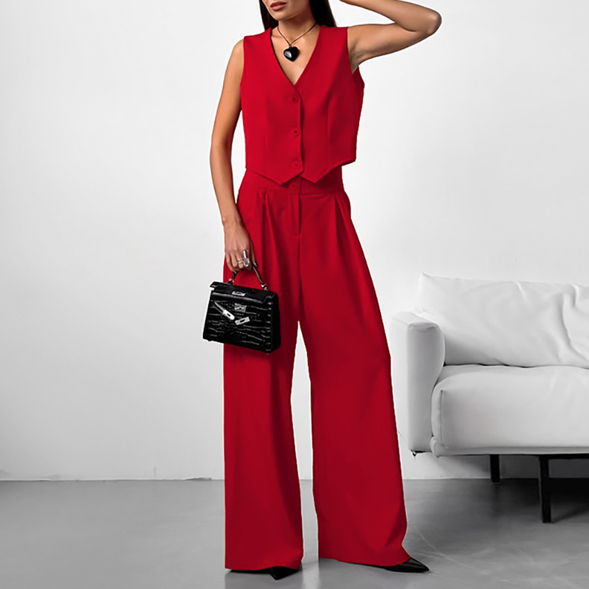 Conjunto Elegante de Cuello en V de Lino y Pantalón Ancho