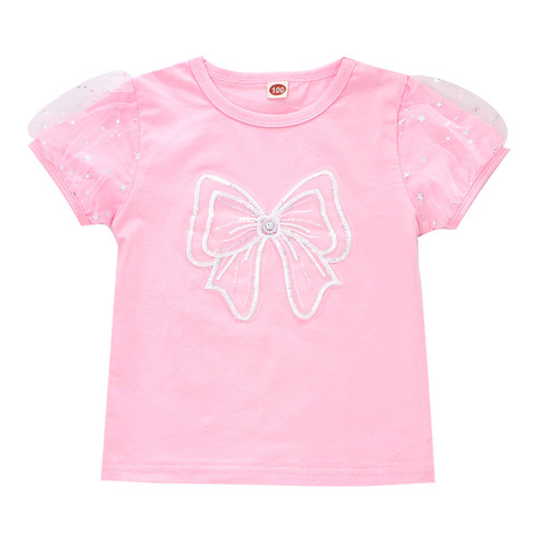 Children's Summer 2024 New Princess Bubble Sleeve Butterfly Knot Sparkling Short Sleeve T-Shirt for Girls