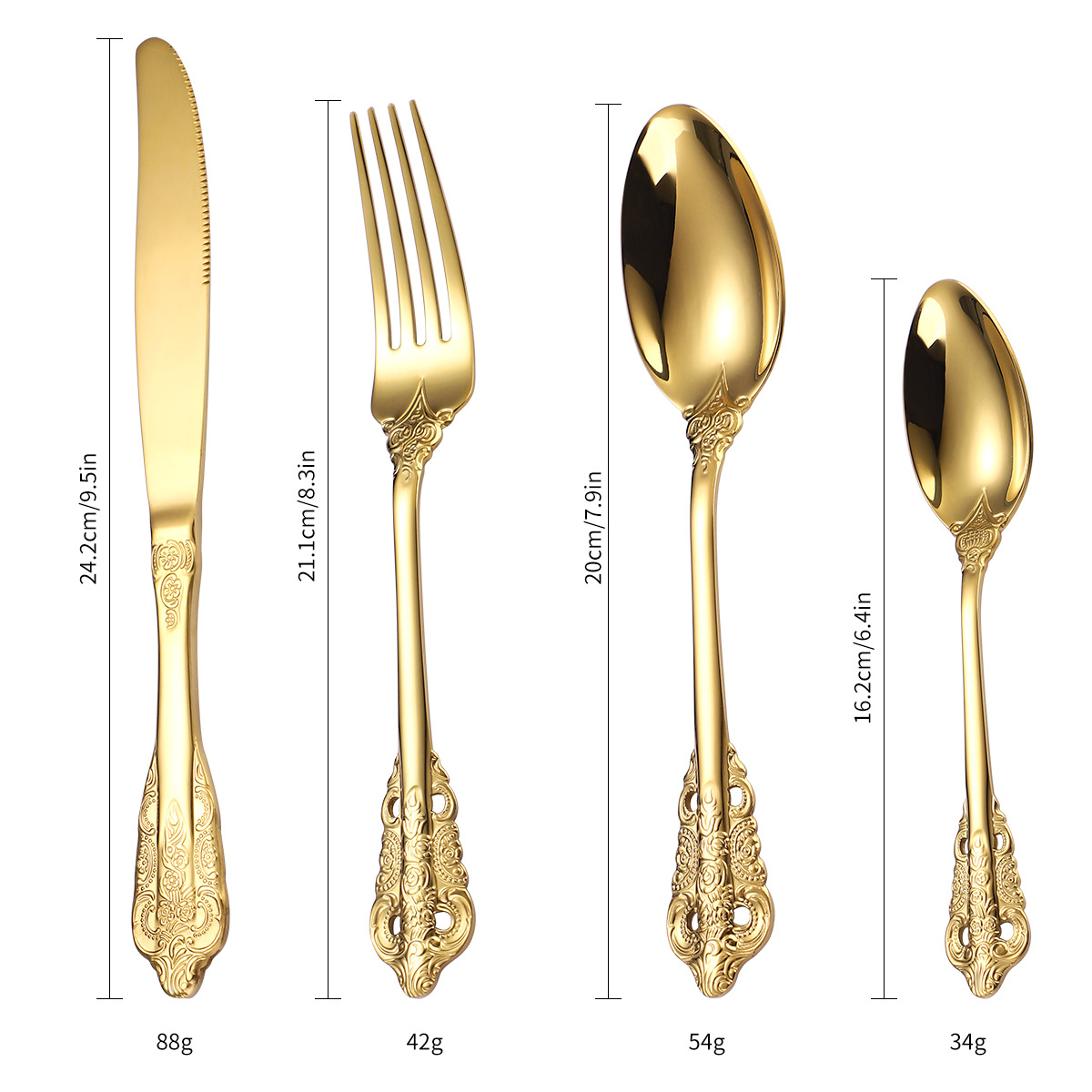 Stainless steel 304 retro court relief tableware set four-piece home gold Western dinner knife fork spoon gift
