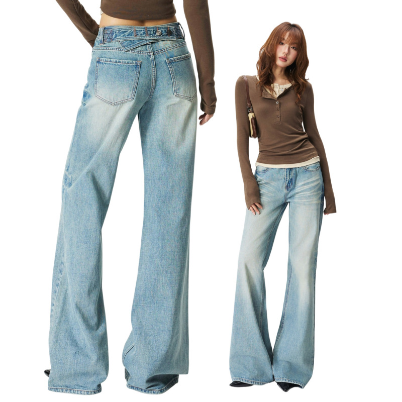[Jin Yin] 2 colors/american retro loose flared pants with versatile back waist Paris buckle design jeans for women new style