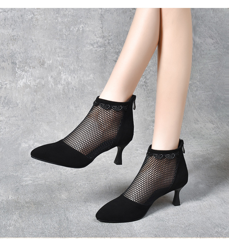 Giày cao gót nữ mũi nhọn da thật gót nhọn 3 cm, khóa kéo sau, lưới thoáng mùa hè — Màu đen 3 cm chi tiết 8