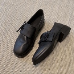 牛革バージョン～レトロミニマリスト太ヒールスモールレザーシューズラウンドトゥ英国風ローファー万能ワンステップブラックシューズ