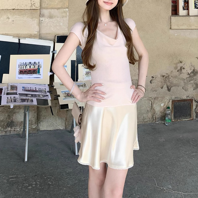 Ready Stock Jiaojiao Girlfriend_Word-Of-Mouth Silk Tencel Elegant Swing Collar Small Flying Sleeve Knitted Top T-Shirt Women's Summer Thin Style Ready Stock Jiaojiao Girlfriend_Word-Of-Mouth Silk Tencel Elegant Swing Collar Small Flying Sleeve Knitted Top T-Shirt Women's Summer Thin Style