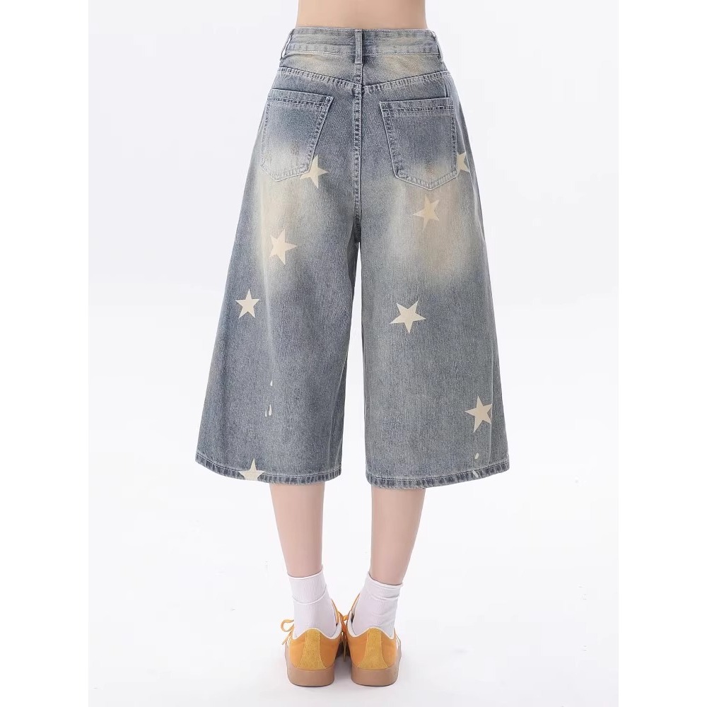 Quần short denim nữ phong cách Mỹ cổ điển, dáng rộng in hình ngôi sao — Màu xanh nhạt ([mẫu cao cấp, mềm mại và thoải mái hơn])