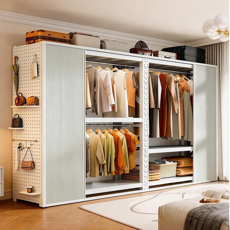 Open-Style Clothes Rack Sliding Door Steel Shelf Wardrobe Bedroom Household Metal Cabinet Simple Assembly Floor-Standing Storage Rack
